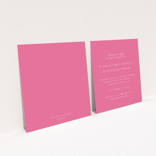 Vibrant Pink Serenity wedding invitation design - modern, inviting, pink backdrop, clean typography, elegant layout, joyful sophistication. This image shows the front and back sides together