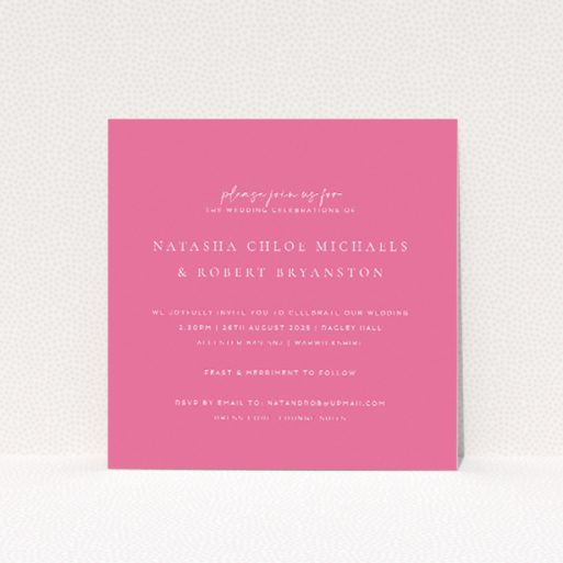 Vibrant Pink Serenity wedding invitation design - modern, inviting, pink backdrop, clean typography, elegant layout, joyful sophistication. This is a view of the front