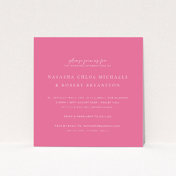 Vibrant Pink Serenity wedding invitation design - modern, inviting, pink backdrop, clean typography, elegant layout, joyful sophistication. This is a view of the front