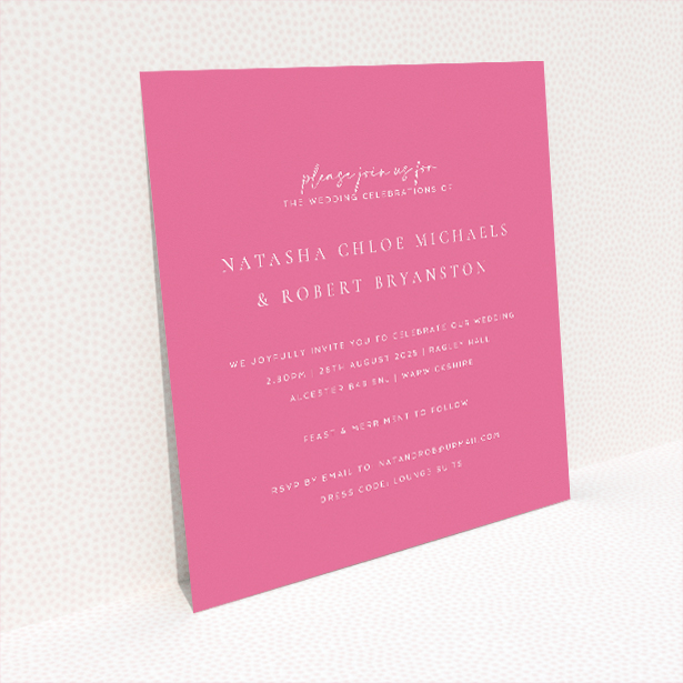 Vibrant Pink Serenity wedding invitation design - modern, inviting, pink backdrop, clean typography, elegant layout, joyful sophistication. This image shows the front and back sides together