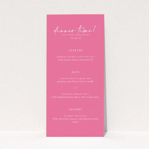 Vibrant Pink Serenity wedding menu design with a refreshing pink backdrop and a harmonious blend of contemporary and classic typography, ideal for couples seeking a modern design with a hint of joyful sophistication for their special day This is a view of the front