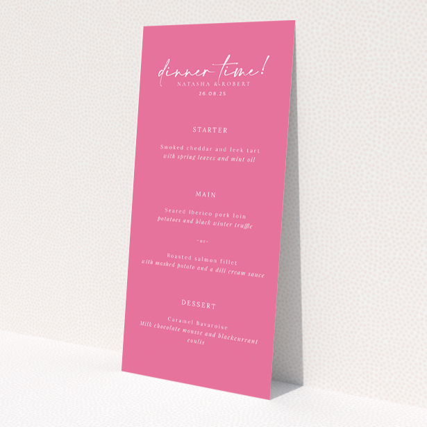 Vibrant Pink Serenity wedding menu design with a refreshing pink backdrop and a harmonious blend of contemporary and classic typography, ideal for couples seeking a modern design with a hint of joyful sophistication for their special day This is a view of the front