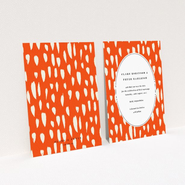 Vibrant Raindrops save the date card - A6-sized card with bold orange background and white teardrop shapes, perfect for announcing your special day This is a view of the back