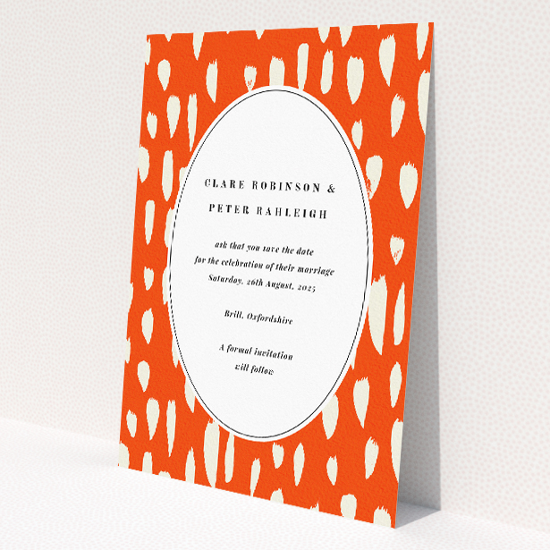 Vibrant Raindrops save the date card - A6-sized card with bold orange background and white teardrop shapes, perfect for announcing your special day This is a view of the front