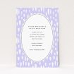 "Vibrant Raindrops wedding invitation featuring a soft lilac background with whimsical white raindrop shapes, centred around clean contemporary text, ideal for couples desiring a fresh and joyful invitation design.". This is a view of the front