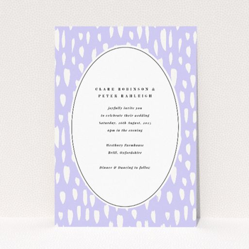 "Vibrant Raindrops wedding invitation featuring a soft lilac background with whimsical white raindrop shapes, centred around clean contemporary text, ideal for couples desiring a fresh and joyful invitation design.". This is a view of the front