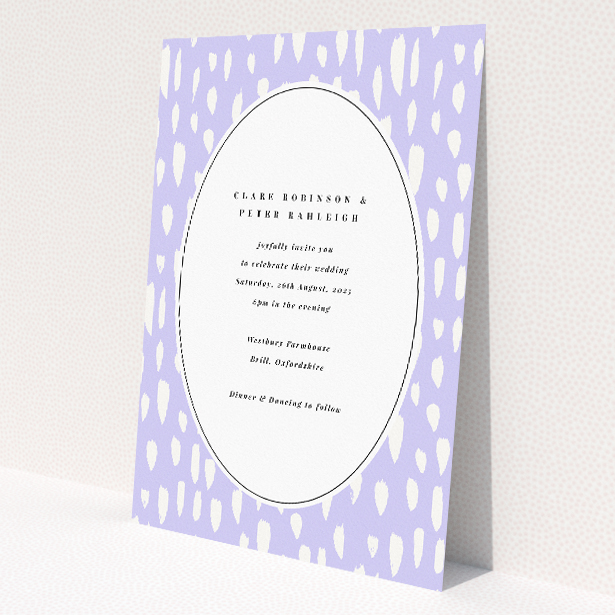 'Vibrant Raindrops wedding invitation featuring a soft lilac background with whimsical white raindrop shapes, centred around clean contemporary text, ideal for couples desiring a fresh and joyful invitation design.'. This is a view of the front