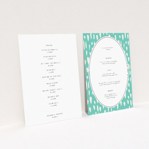 Modern wedding menu template with lilac background and white raindrop patterns. This image shows the front and back sides together