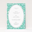 Modern wedding menu template with lilac background and white raindrop patterns. This is a view of the front