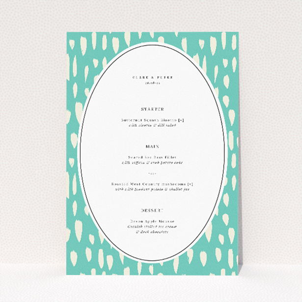 Modern wedding menu template with lilac background and white raindrop patterns. This is a view of the front