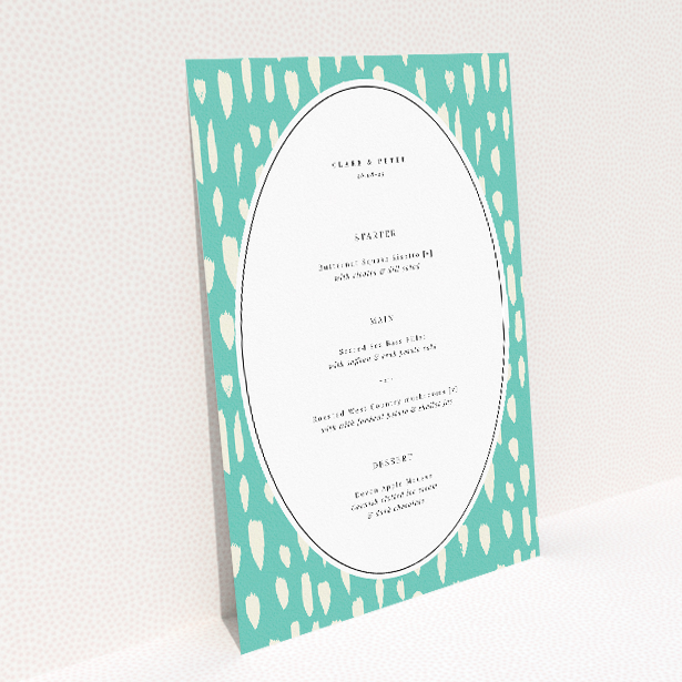 Modern wedding menu template with lilac background and white raindrop patterns. This image shows the front and back sides together
