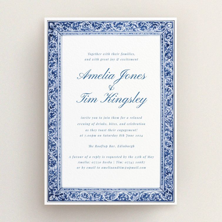 Elegant blue border engagement party invitations with calligraphy style text.