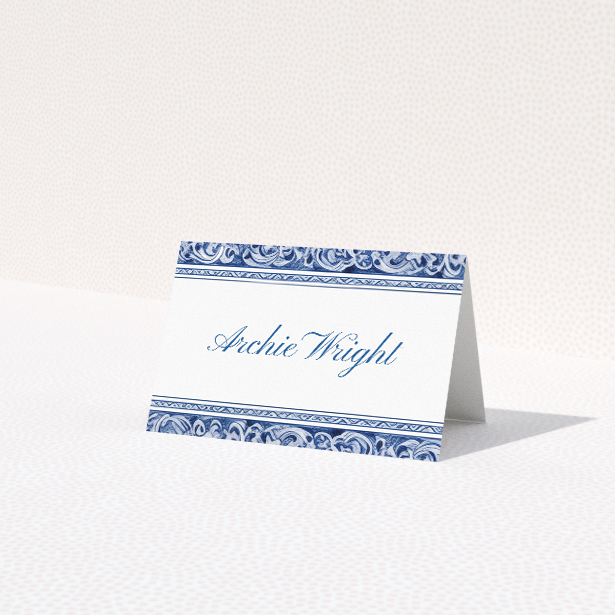 Victorian Indigo place cards table template - rich indigo hue against crisp white background with intricate Victorian-inspired patterns for vintage charm and timeless elegance. This is a view of the front