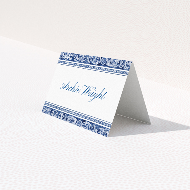 Victorian Indigo place cards table template - rich indigo hue against crisp white background with intricate Victorian-inspired patterns for vintage charm and timeless elegance. This is a third view of the front