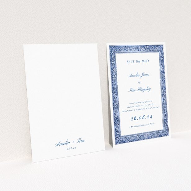 Victorian Indigo Save the Date card - A6 portrait-oriented design with rich indigo hue and intricate Victorian-style flourishes, radiating classic elegance for a timeless celebration This is a view of the back
