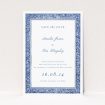 Victorian Indigo Save the Date card - A6 portrait-oriented design with rich indigo hue and intricate Victorian-style flourishes, radiating classic elegance for a timeless celebration This is a view of the front