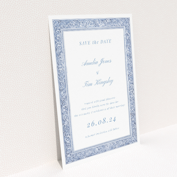 Victorian Indigo Save the Date card - A6 portrait-oriented design with rich indigo hue and intricate Victorian-style flourishes, radiating classic elegance for a timeless celebration This is a view of the back