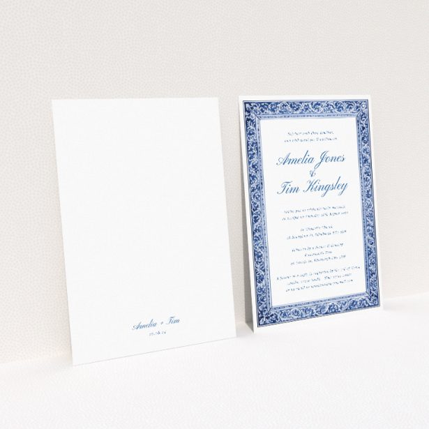 Victorian Indigo wedding invitation with rich indigo hue and intricate Victorian-inspired pattern, exuding sophistication and vintage charm This image shows the front and back sides together