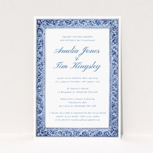 Victorian Indigo wedding invitation with rich indigo hue and intricate Victorian-inspired pattern, exuding sophistication and vintage charm This is a view of the front