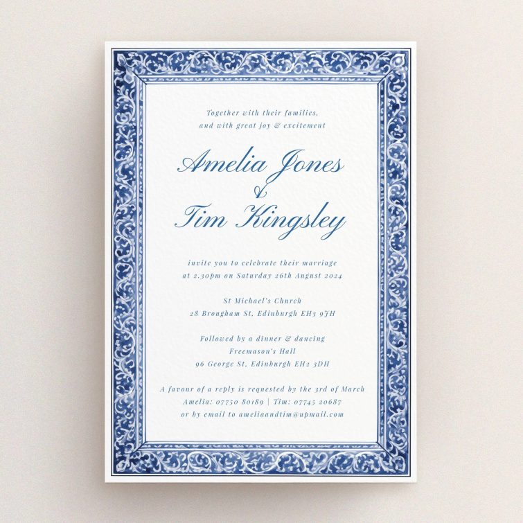 Victorian Indigo wedding invitation with rich indigo hue and intricate Victorian-inspired pattern, exuding sophistication and vintage charm This is a view of the front