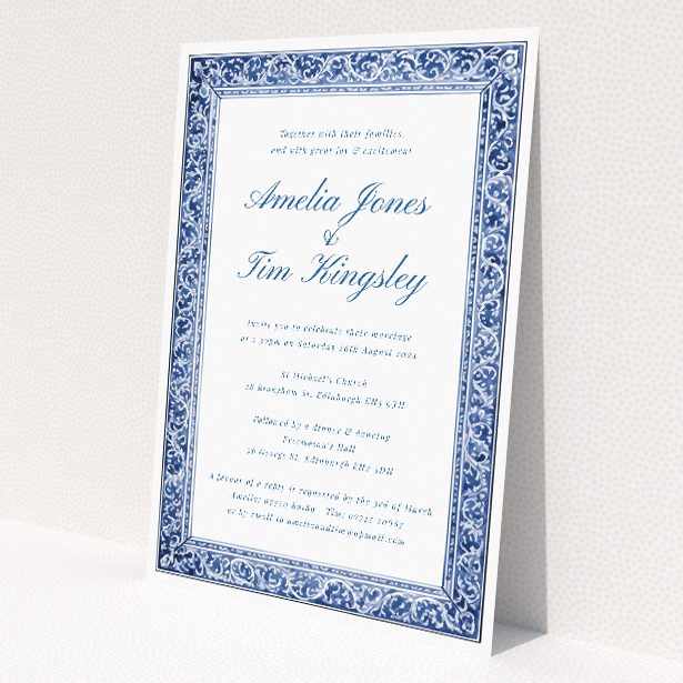 Victorian Indigo wedding invitation with rich indigo hue and intricate Victorian-inspired pattern, exuding sophistication and vintage charm This is a view of the front