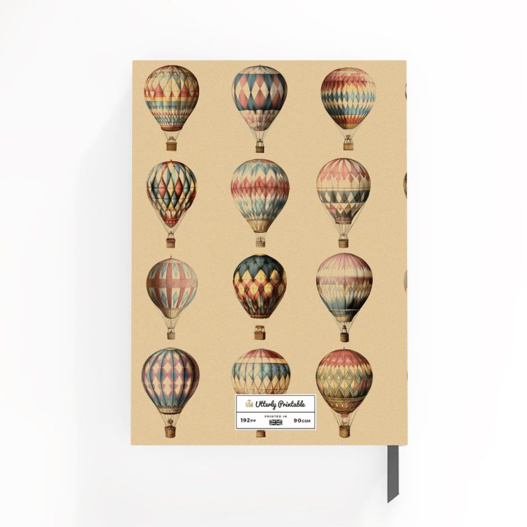 Vintage hot air balloon design for personalised notebooks with 24 illustrations, ideal for bespoke gifts.