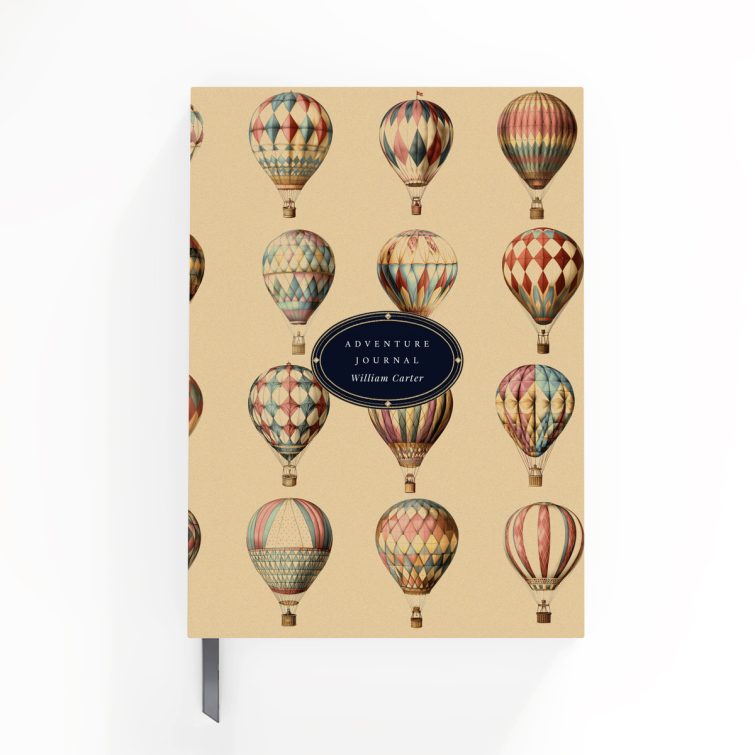 Vintage hot air balloon design for personalised notebooks with 24 illustrations, ideal for bespoke gifts.