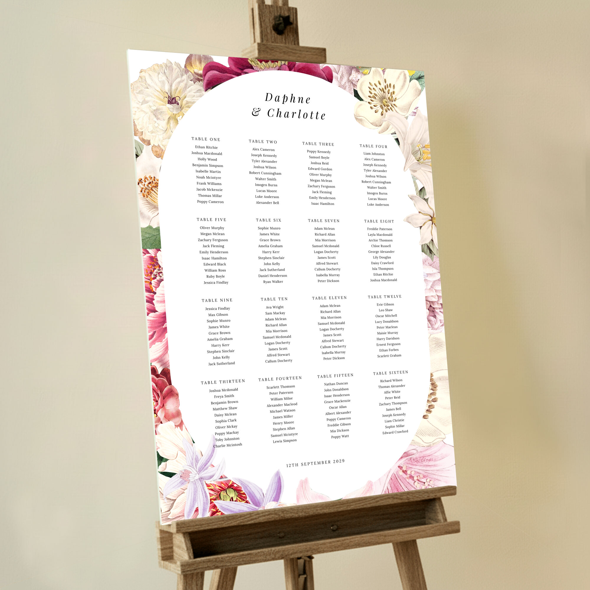 Personalized Vintage Charm Seating Plans featuring a vintage-inspired floral design with delicate tones of pink, cream, white, and crimson, adding a touch of timeless sophistication to your special day.. This template shows 16 tables.