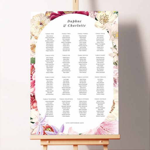 Personalized Vintage Charm Seating Plans featuring a vintage-inspired floral design with delicate tones of pink, cream, white, and crimson, adding a touch of timeless sophistication to your special day.. This template shows 16 tables.