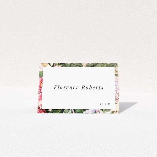 Vintage Charm place cards featuring antique-styled florals in soft blush, ivory, and muted yellows. This is a view of the front
