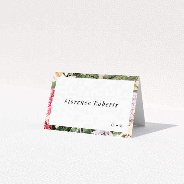 Vintage Charm place cards featuring antique-styled florals in soft blush, ivory, and muted yellows. This is a third view of the front