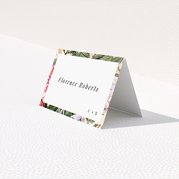 Vintage Charm place cards featuring antique-styled florals in soft blush, ivory, and muted yellows. This is a third view of the front