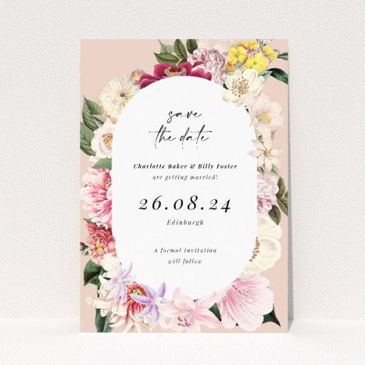 Vintage Charm Save the Date card - A6 portrait-oriented design with lush floral border in soft pinks, creamy whites, and subtle yellows. This is a view of the front