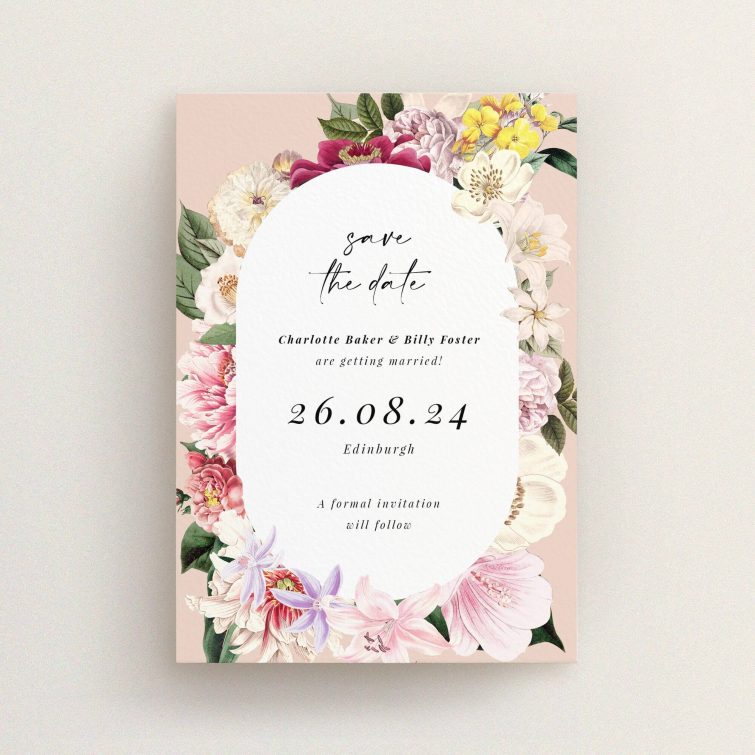 Vintage Charm Save the Date card - A6 portrait-oriented design with lush floral border in soft pinks, creamy whites, and subtle yellows. This is a view of the front
