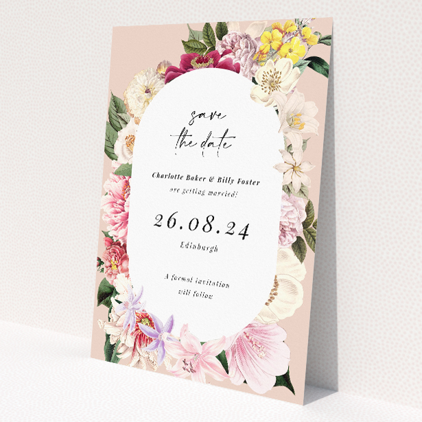 Vintage Charm Save the Date card - A6 portrait-oriented design with lush floral border in soft pinks, creamy whites, and subtle yellows. This is a view of the front