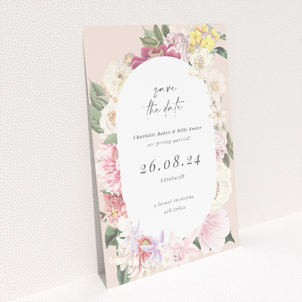 Vintage Charm Save the Date card - A6 portrait-oriented design with lush floral border in soft pinks, creamy whites, and subtle yellows. This is a view of the back