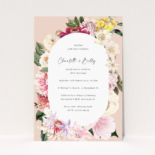 A5 wedding invitation featuring a vintage charm design with antique-styled flowers forming a lush frame around an oval-shaped, ivory-textured centre, in soft blush pinks, creamy whites, and muted yellows, ideal for couples seeking timeless elegance with a contemporary twist This is a view of the front