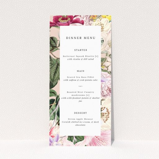 Vintage Charm wedding menu template - Timeless elegance with delicate floral accents in blush pinks, creamy whites, and muted yellows, perfect for blending tradition and contemporary style This is a view of the front