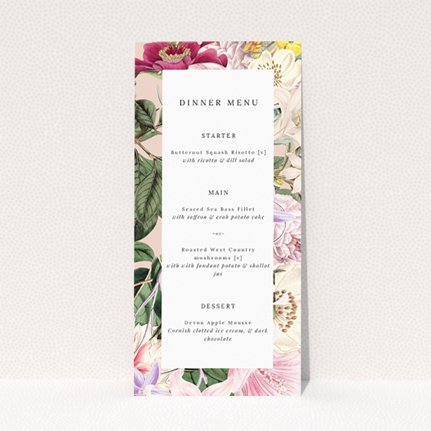 Vintage Charm wedding menu template - Timeless elegance with delicate floral accents in blush pinks, creamy whites, and muted yellows, perfect for blending tradition and contemporary style This is a view of the front