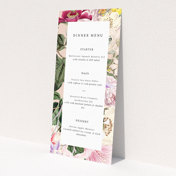 Vintage Charm wedding menu template - Timeless elegance with delicate floral accents in blush pinks, creamy whites, and muted yellows, perfect for blending tradition and contemporary style This is a view of the front