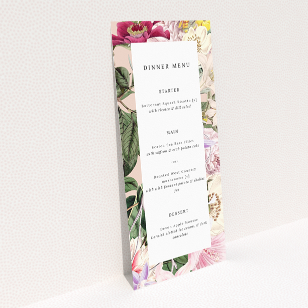 Vintage Charm wedding menu template - Timeless elegance with delicate floral accents in blush pinks, creamy whites, and muted yellows, perfect for blending tradition and contemporary style This is a view of the back