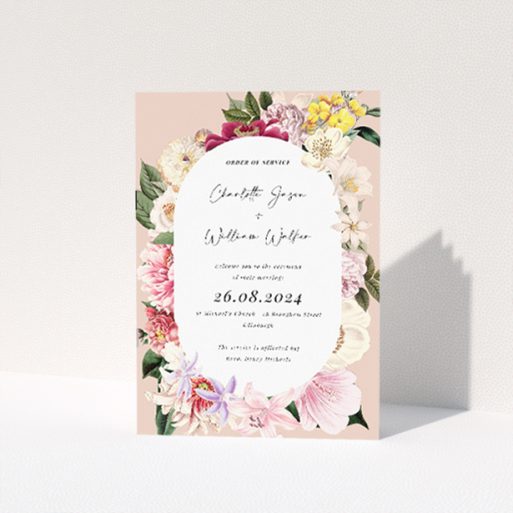 Timeless Vintage Charm Wedding Order of Service Booklet with Elegant Floral Border. This is a view of the front
