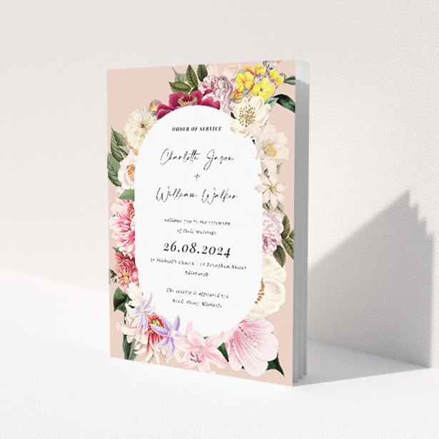 Timeless Vintage Charm Wedding Order of Service Booklet with Elegant Floral Border. This image shows the front and back sides together