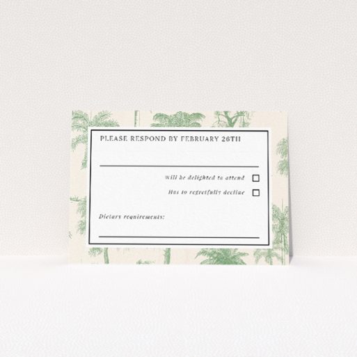 RSVP card from the "Vintage Engravings" suite, featuring a soft green palm motif and dark typography against white space, inspired by classic botanical engravings, perfect for vintage-loving couples setting the tone for an elegant and romantic wedding This is a view of the front
