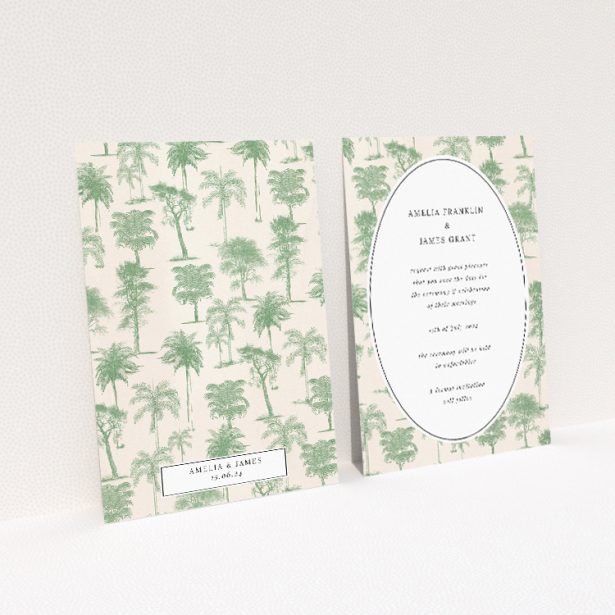 Vintage Engravings A6 Save the Date Card - Vintage botanical illustration design with delicate palm tree engravings on soft beige background. Classic oval frame encircling central text This is a view of the back