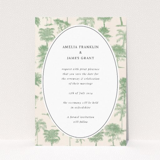 Vintage Engravings A6 Save the Date Card - Vintage botanical illustration design with delicate palm tree engravings on soft beige background. Classic oval frame encircling central text This is a view of the front