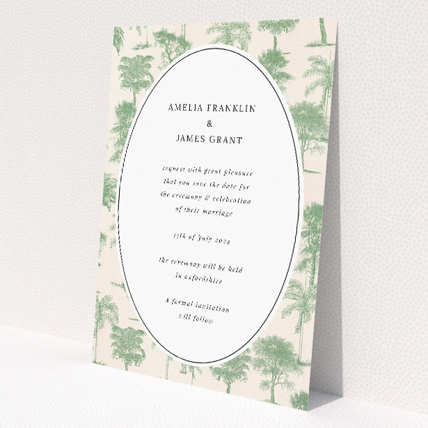 Vintage Engravings A6 Save the Date Card - Vintage botanical illustration design with delicate palm tree engravings on soft beige background. Classic oval frame encircling central text This is a view of the front