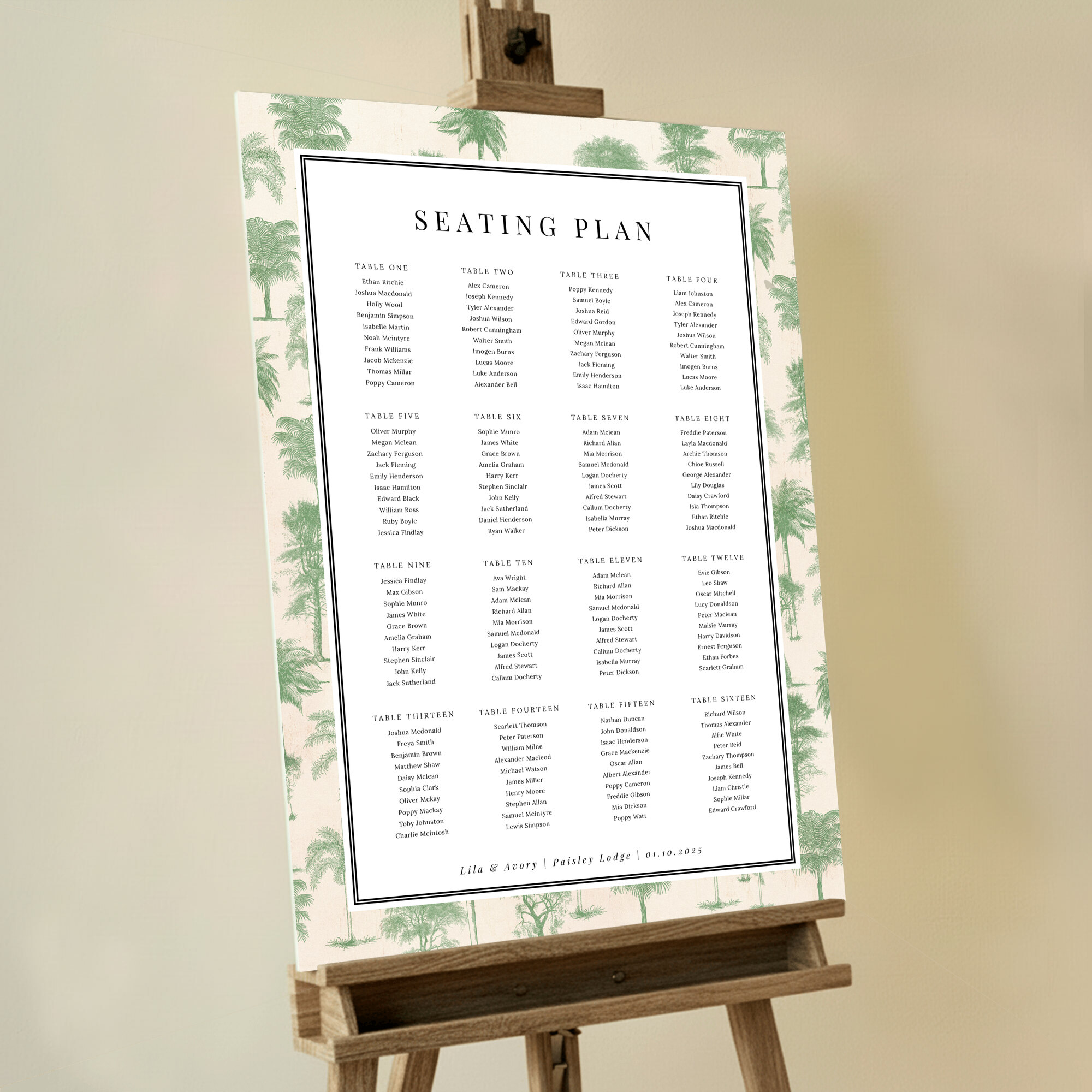 Seating Plans Board with Vintage Engravings featuring green tree engravings, including palm trees, on a cream textured backdrop, bringing an air of timeless elegance to your wedding day.. This one is formatted for 16 tables.