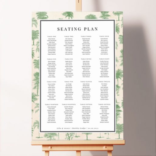 Seating Plans Board with Vintage Engravings featuring green tree engravings, including palm trees, on a cream textured backdrop, bringing an air of timeless elegance to your wedding day.. This one is formatted for 16 tables.