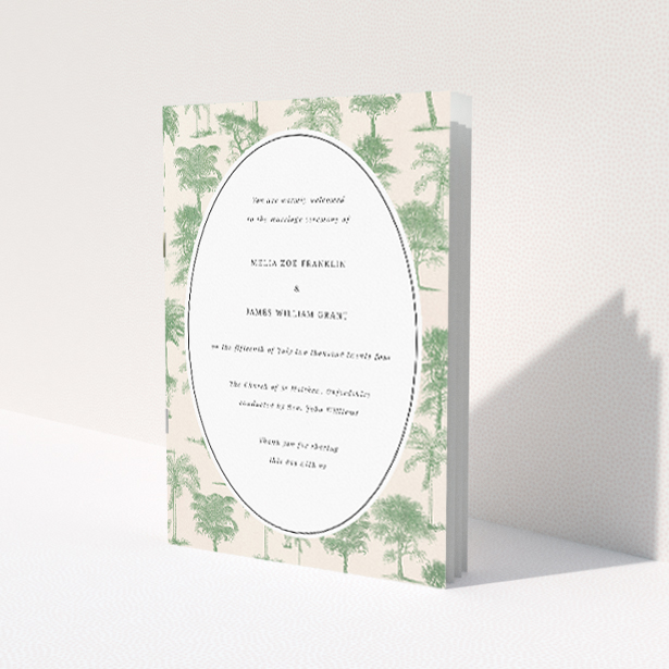 Vintage Engravings Wedding Order of Service A5 booklet featuring classic botanical motifs in a serene pastel backdrop reminiscent of historical engravings This image shows the front and back sides together